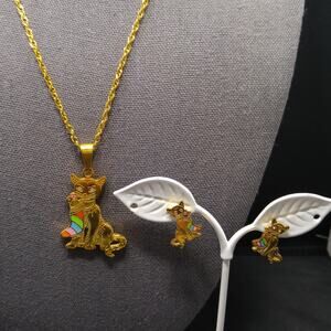 Vintage Christmas Cat Jewelry Set – Pendant Necklace & Earrings, Holiday Gift